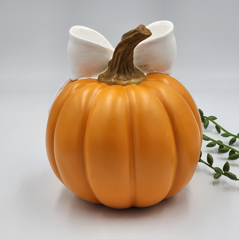 Orange Pumpkin White Bow Resin Figure Fall Halloween Thanksgiving 6"x5" Tabletop - Picture 3 of 5
